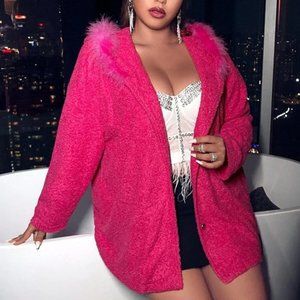 Plus Size Hooded Open Front faux fur Flannel Coat jacket hot Pink